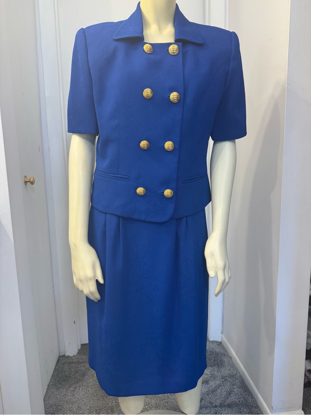 Tailored Womens Midi Skirt in Royal Blue with Gold Button Detail